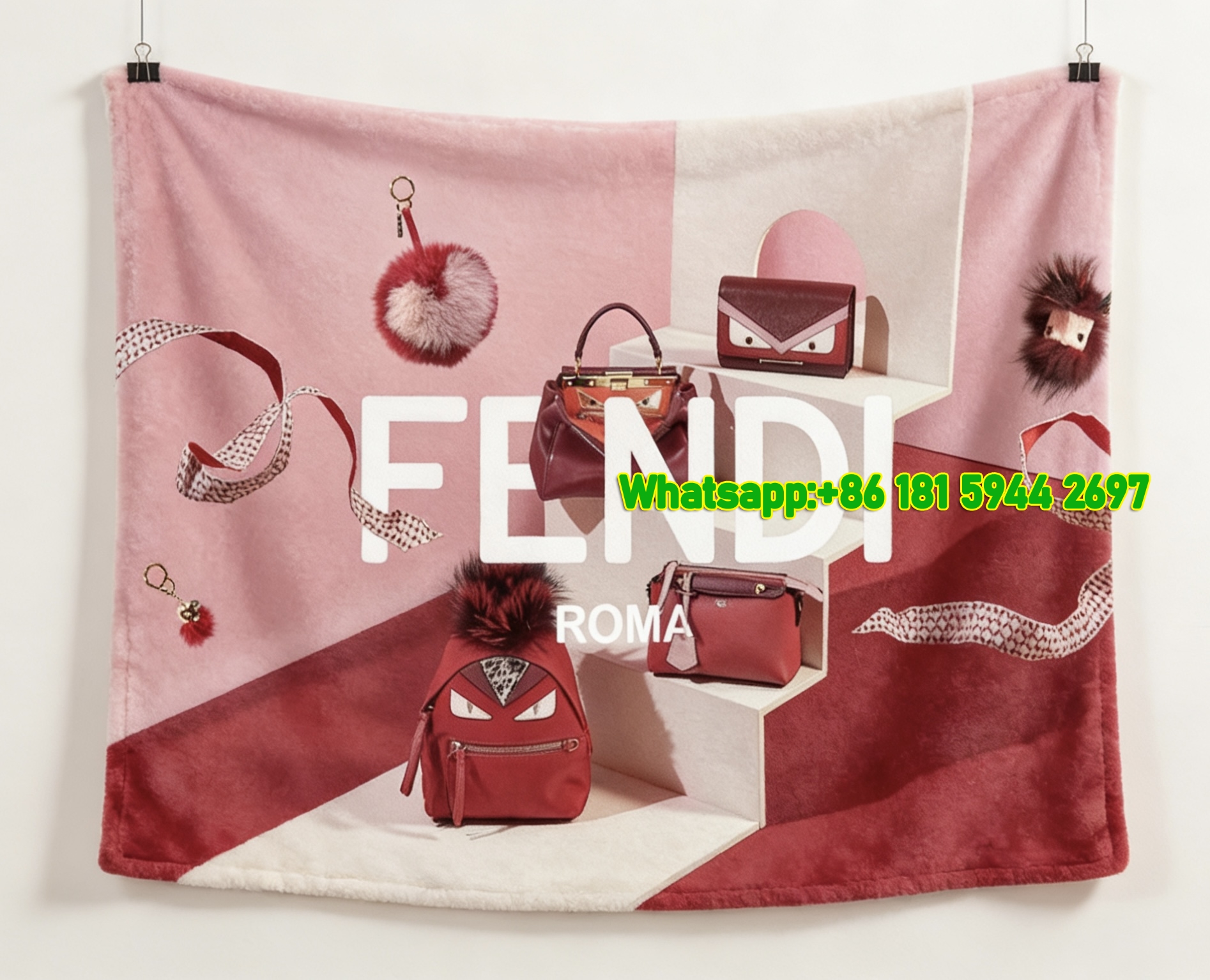 Fendi Pink Monster Bag Collection Print Flannel Throw Blanket IMG_9544